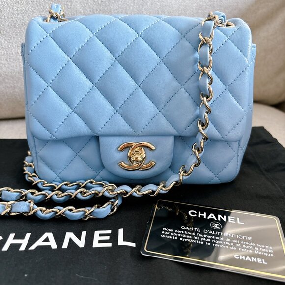 98% NEW CHANEL LAMB SKIN BABY BLUE SQUARE FLAP BAG - Picture 1 of 15